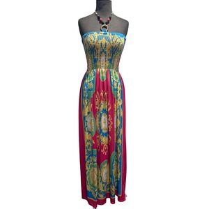 Magic Womens Baroque Scarf Print Smocked Halter Maxi Dress Pink Blue Small